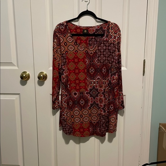 JM Collection Orange and Brown Graphic Long Sleeve Top - Picture 1 of 7